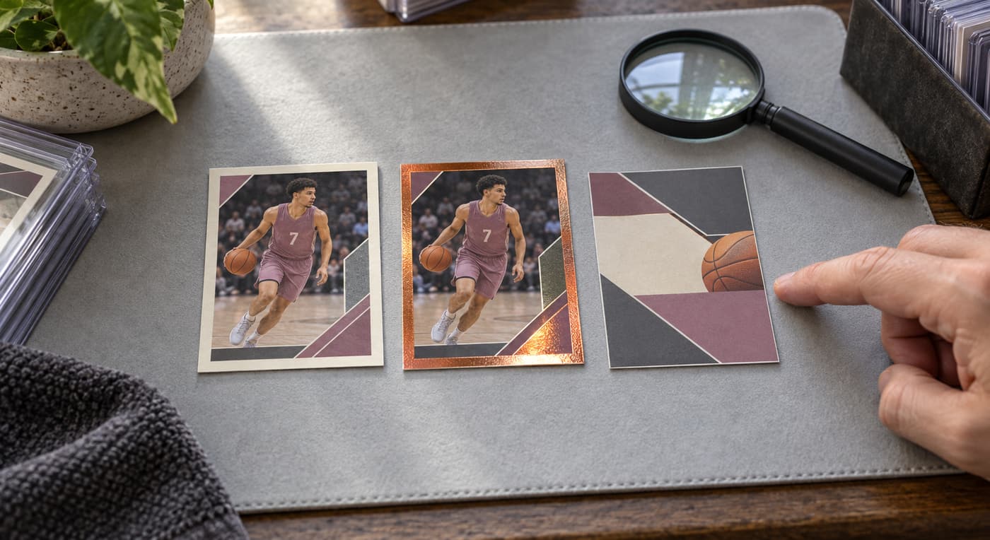 Matching basketball cards with matte and foil borders sit beside a card back and magnifying glass.