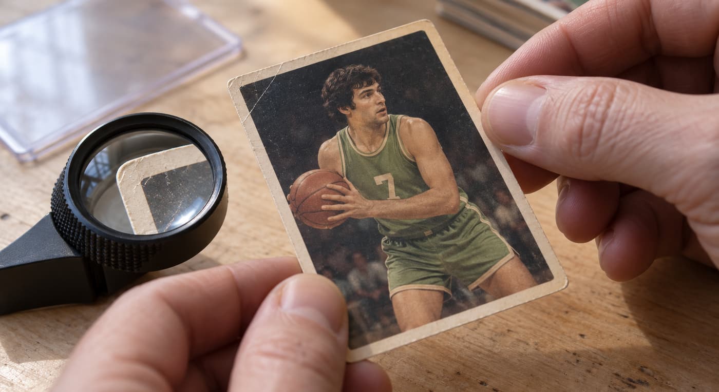 Hands hold a worn basketball card by its edges beside a loupe to inspect its condition.