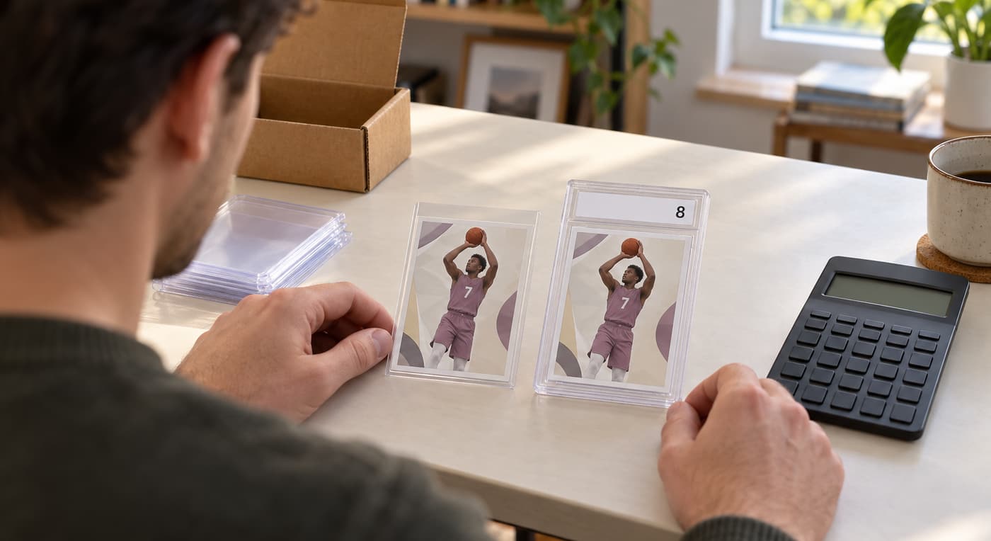 A collector compares sleeved and graded basketball cards beside a calculator and shipping box.