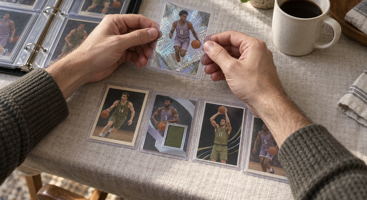 A collector examines a foil basketball card beside a binder and a row of protected cards.