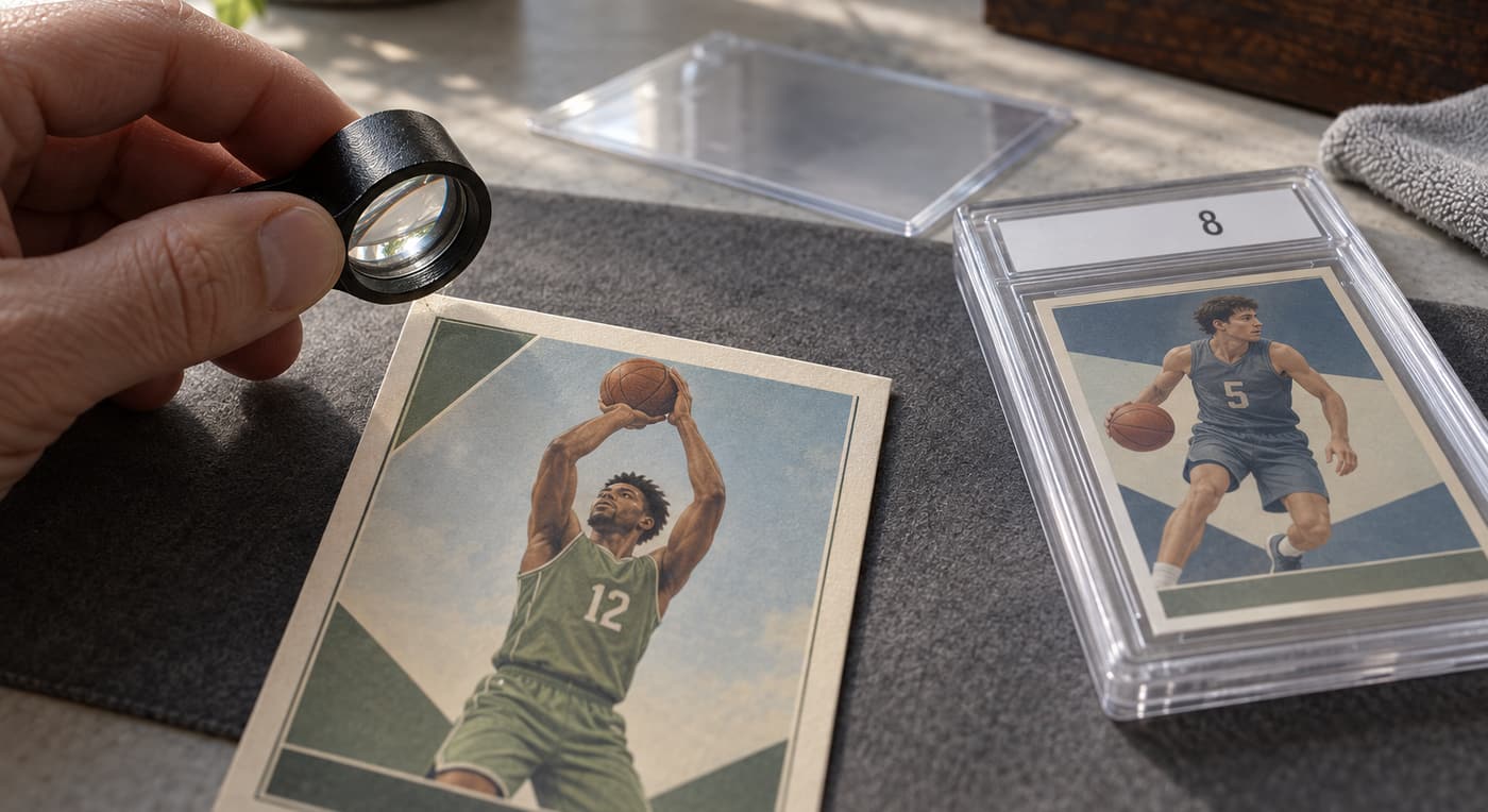 A collector inspects a basketball card corner with a loupe beside an encapsulated card.
