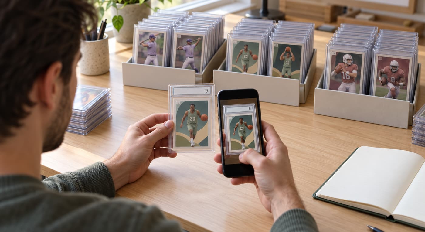 A collector photographs a protected basketball card with a phone beside cards sorted by sport.