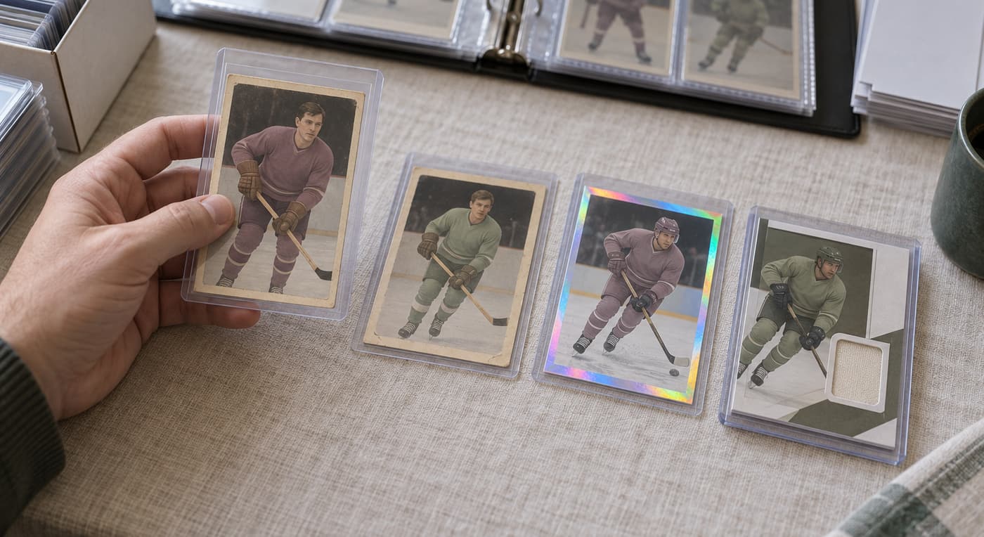 A collector compares vintage, foil and memorabilia hockey cards beside an open binder.