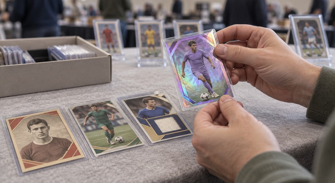 A collector examines a foil soccer card beside vintage, early-career and memorabilia cards.