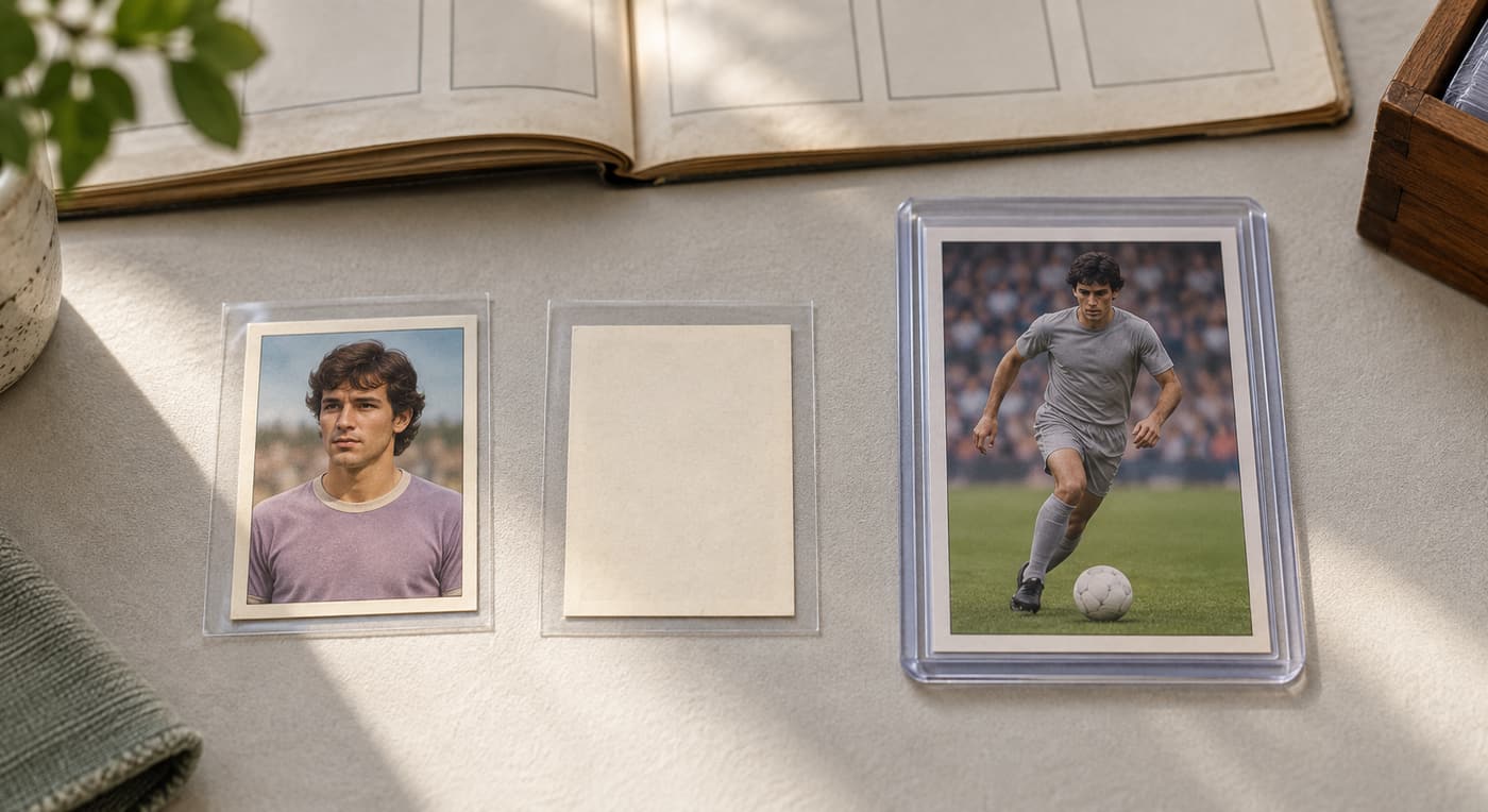Sleeved football stickers with intact backing sit separately from a rigid soccer card.