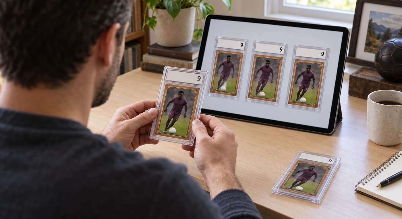 A collector compares a graded soccer card with matching graded examples on a tablet.