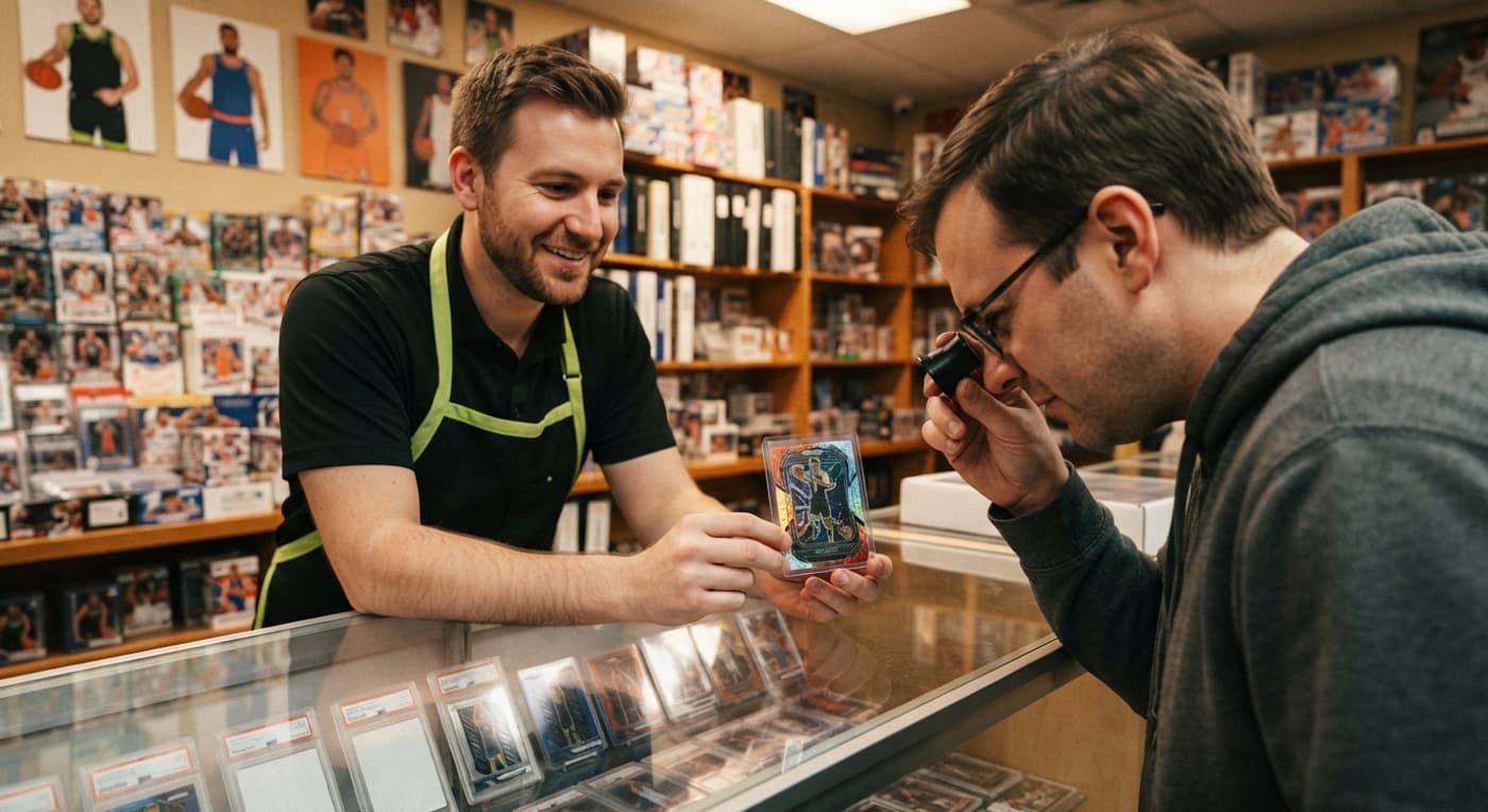 カードショップのカウンターで店員と客が角の状態を確かめる場面