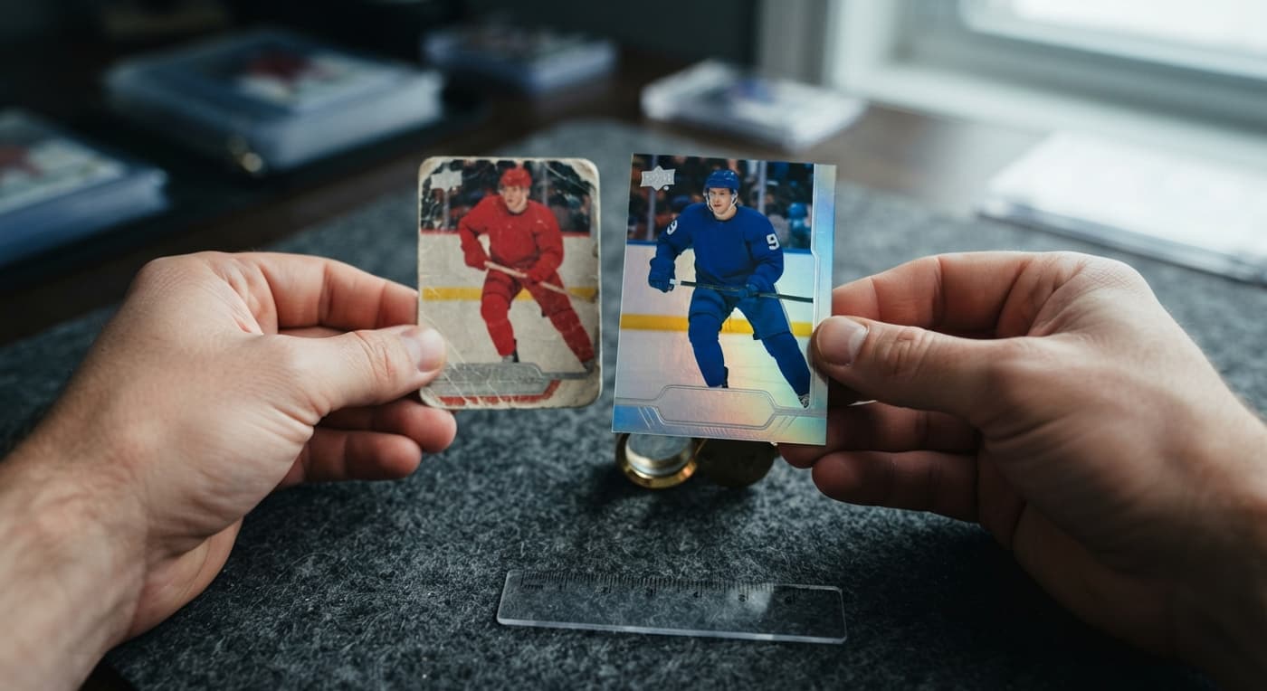 Två hockeykort jämförs sida vid sida med ett förstoringsglas för att kontrollera hörn, kanter och centrering.