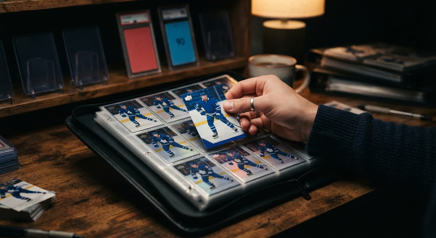 En samlare sätter försiktigt ett hockeykort i en pärmficka bredvid hårda hållare och slabbar på hyllan.