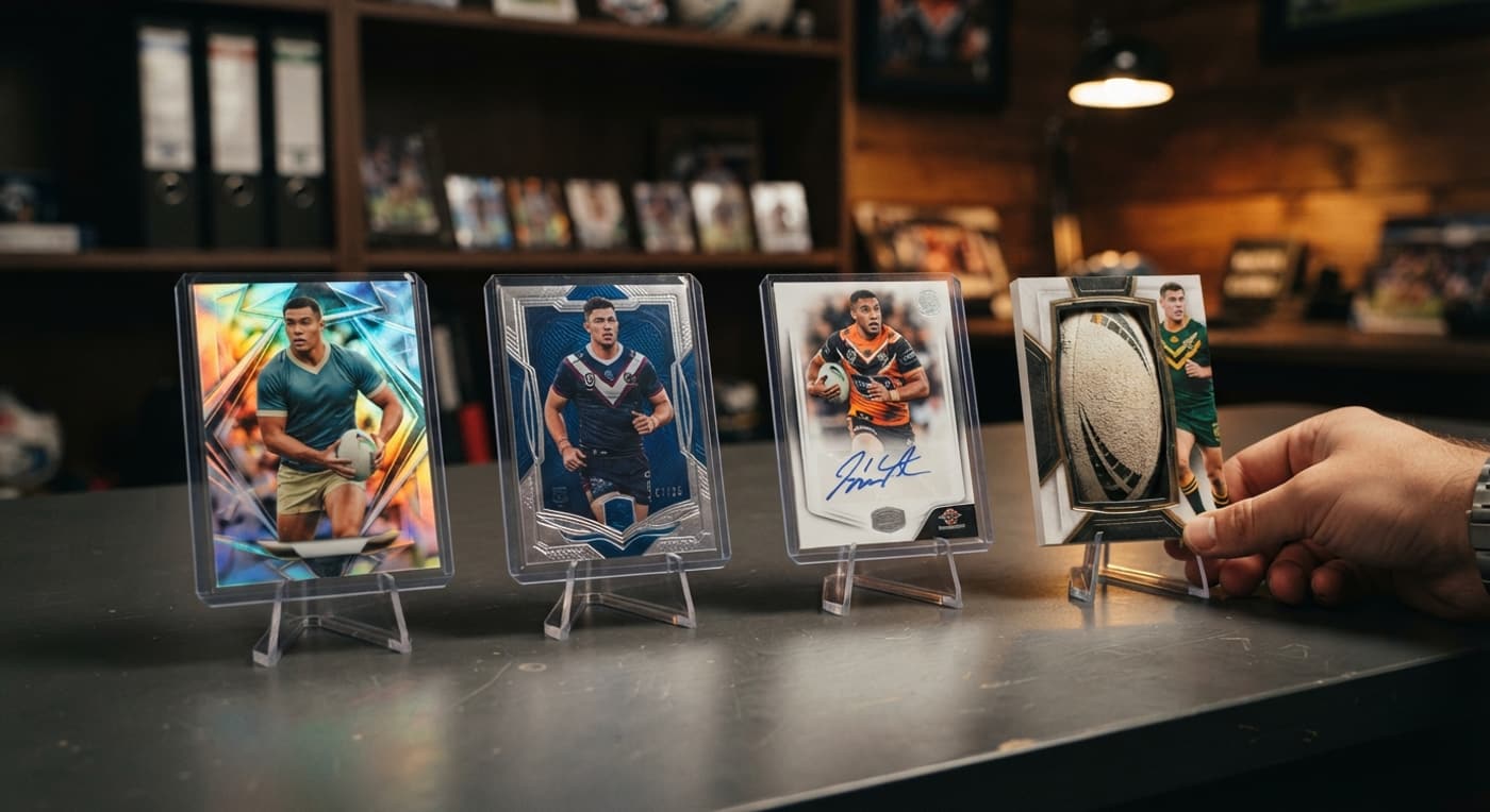 Four rugby league card types displayed side by side showing inserts, serial numbers, autographs and relics.