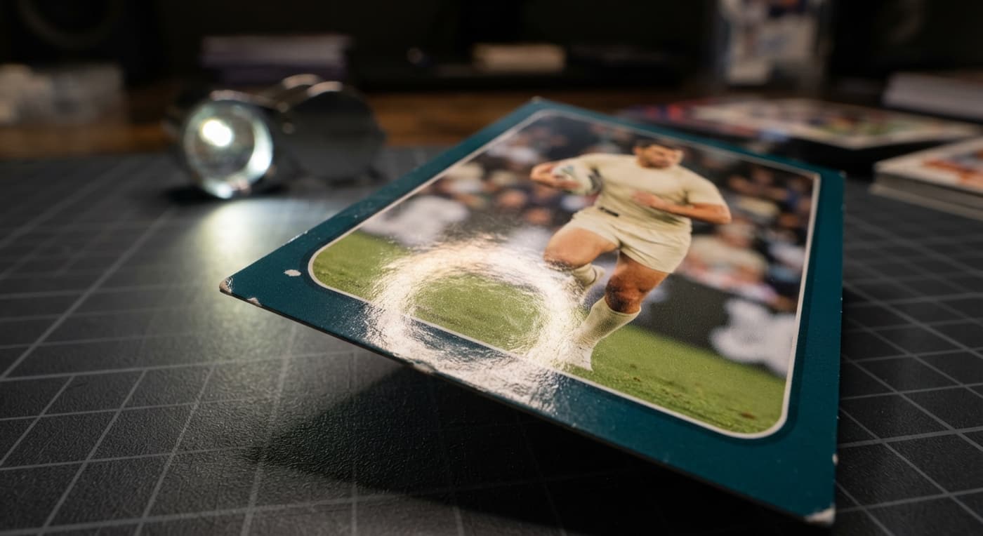 Macro view of a rugby league card corner showing a chipped edge and soft tip under bright light.