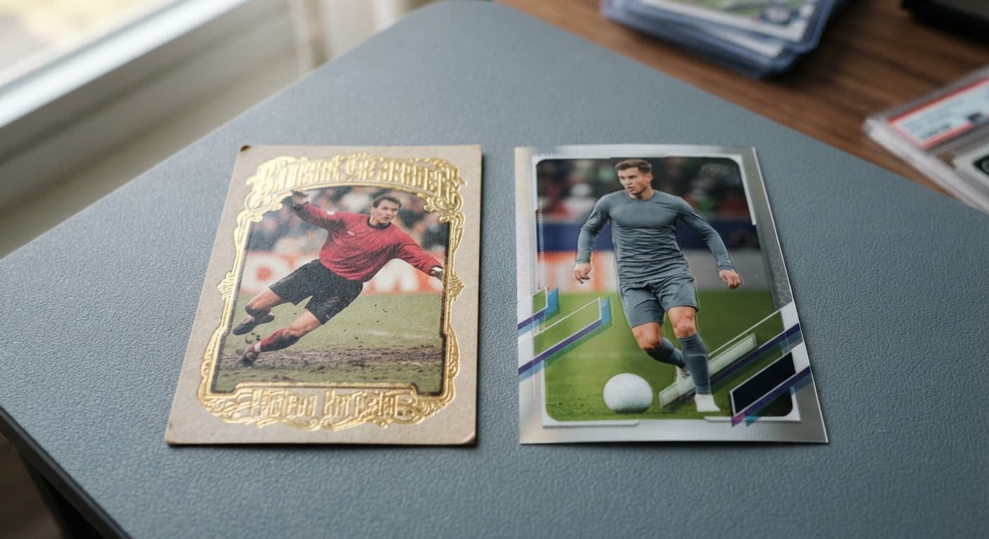 Two soccer cards from different eras side by side, contrasting vintage cardboard with modern acetate stock.