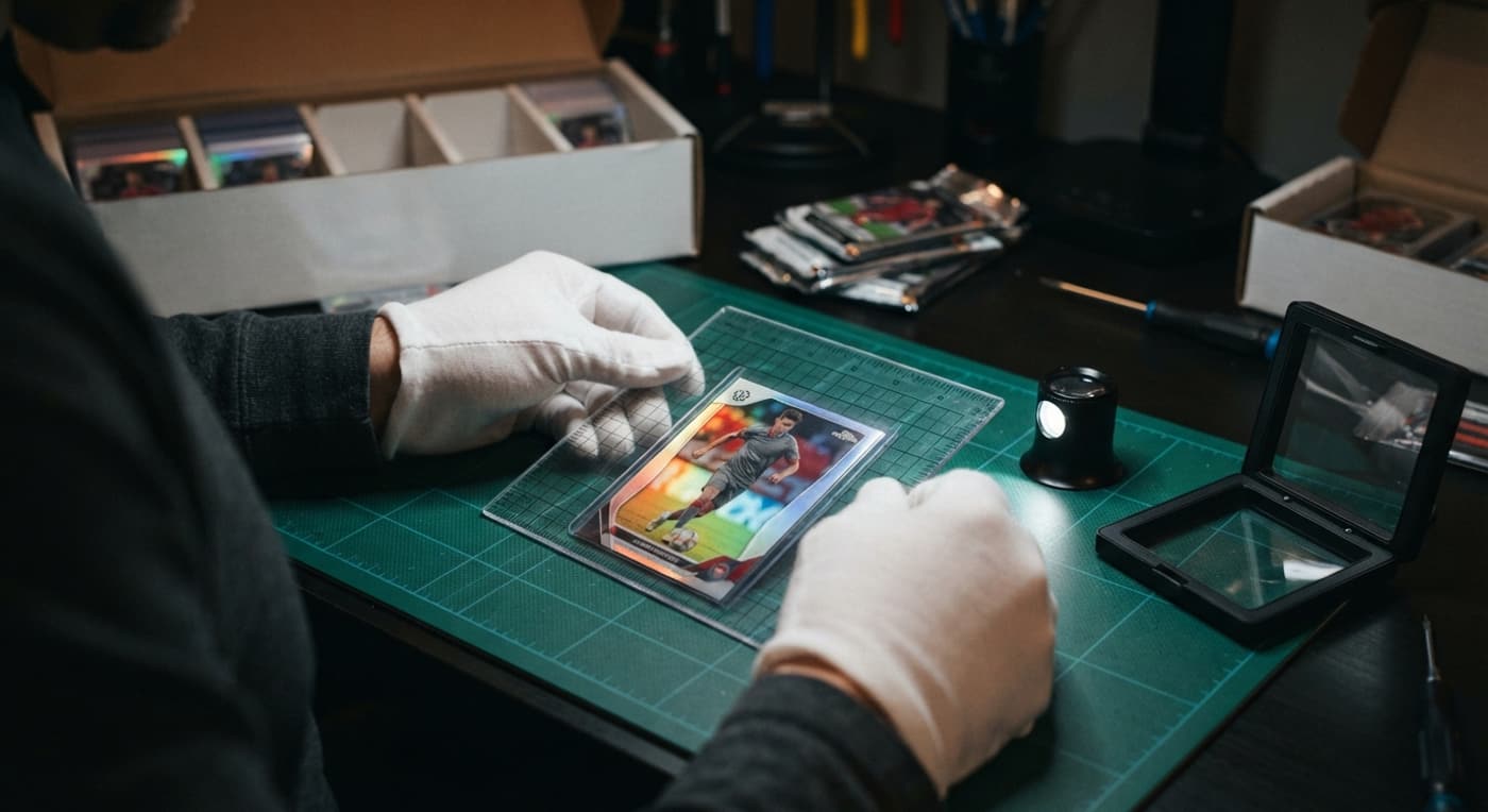 A gloved collector using a transparent grid ruler to check soccer card border centering on a hobby mat.