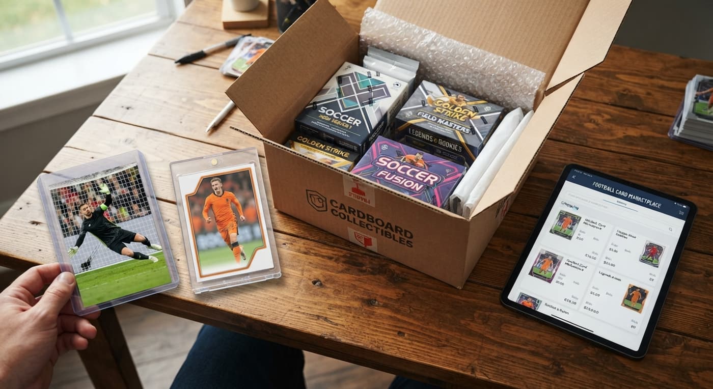 Boîtes de cartes de football reçues par colis à côté d'une tablette tactile.