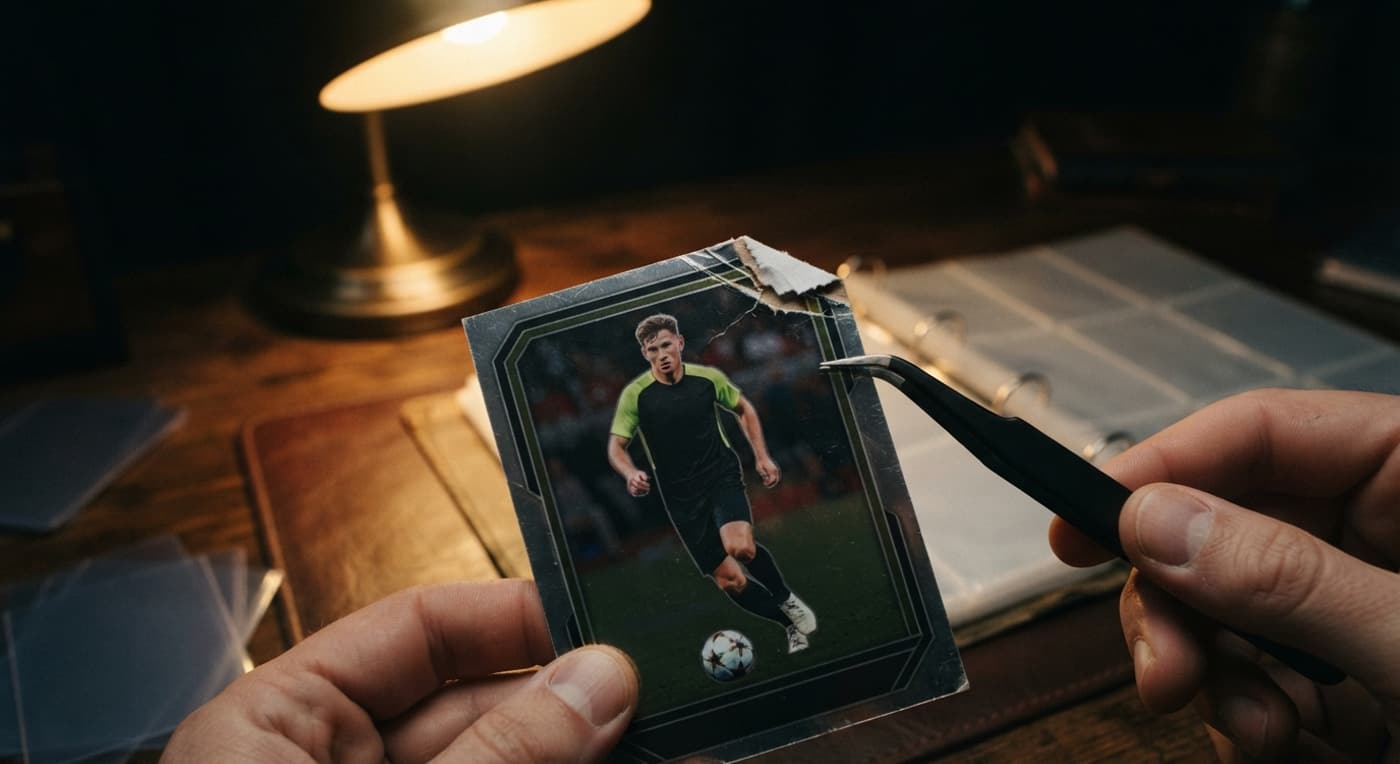 Inspection minutieuse d'un coin abîmé sur une carte de collection de football.