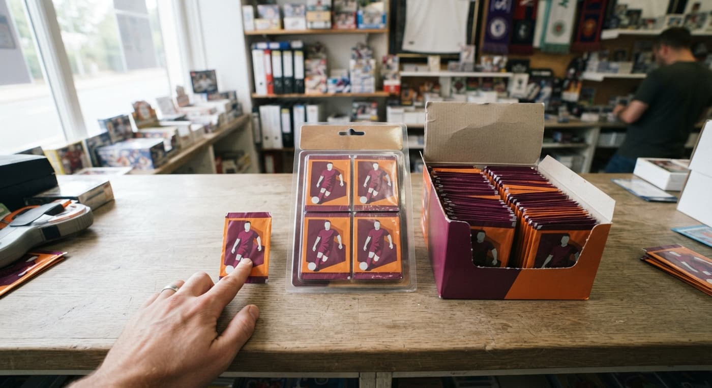 Bustina singola, confezione multipla e box di figurine messi a confronto su un bancone