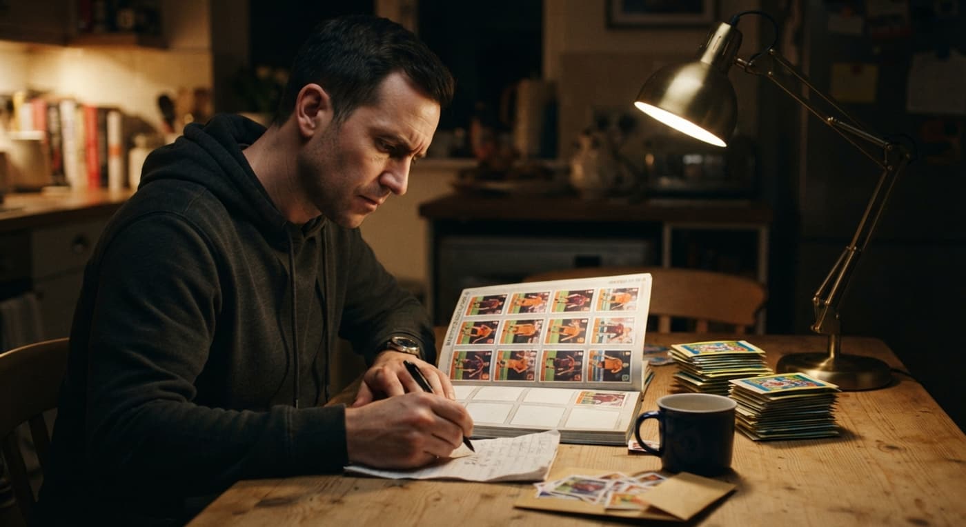 Collezionista con album quasi completo e lista dei numeri mancanti sotto la luce di una lampada