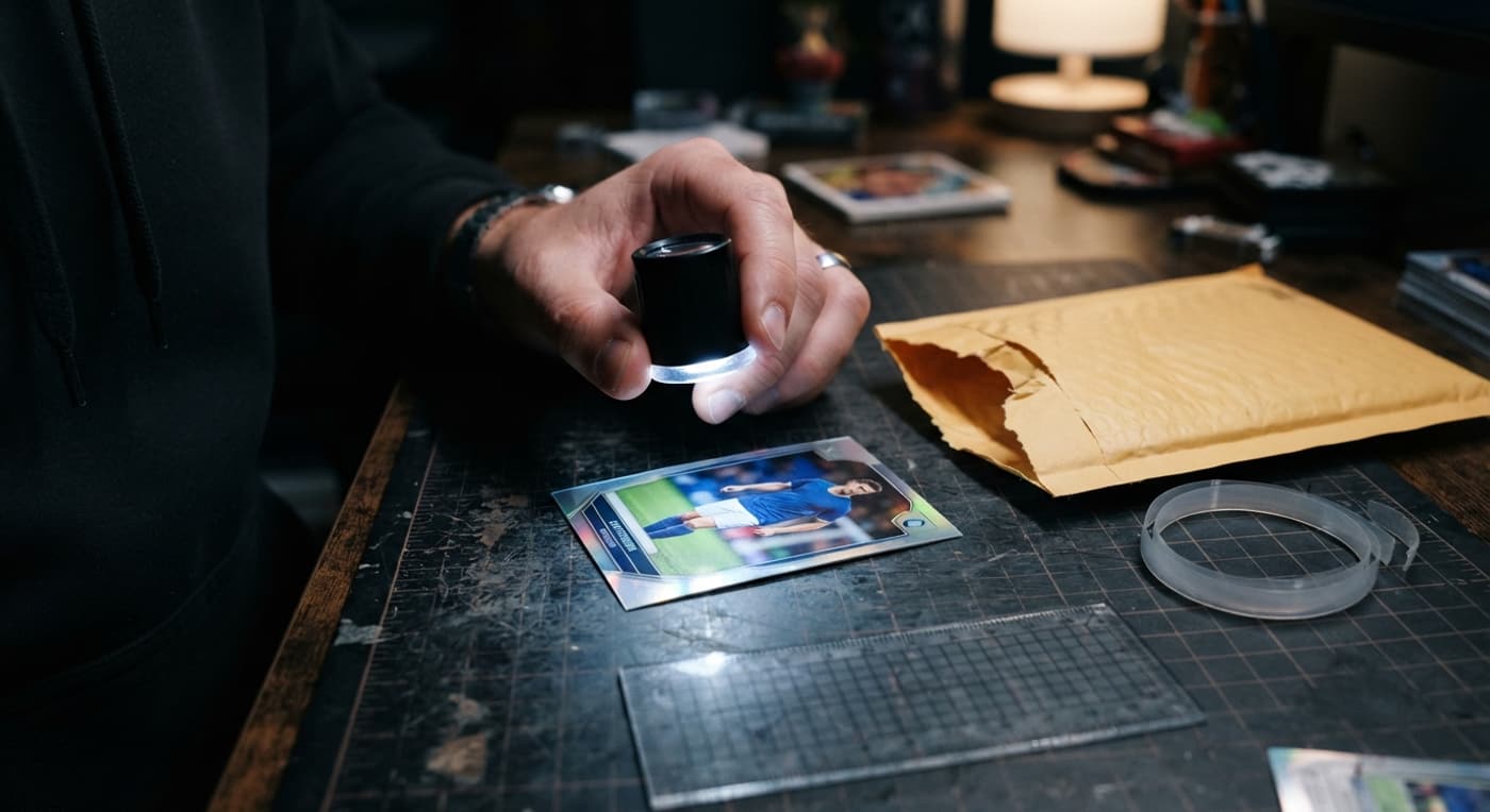 Examen à la loupe des coins et des bords d'une carte de football reçue par la poste.