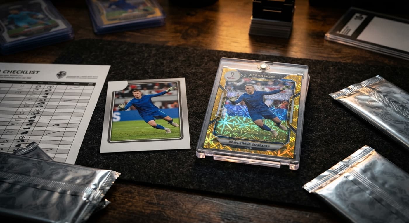 Comparaison entre une carte de football classique et sa version parallèle brillante.