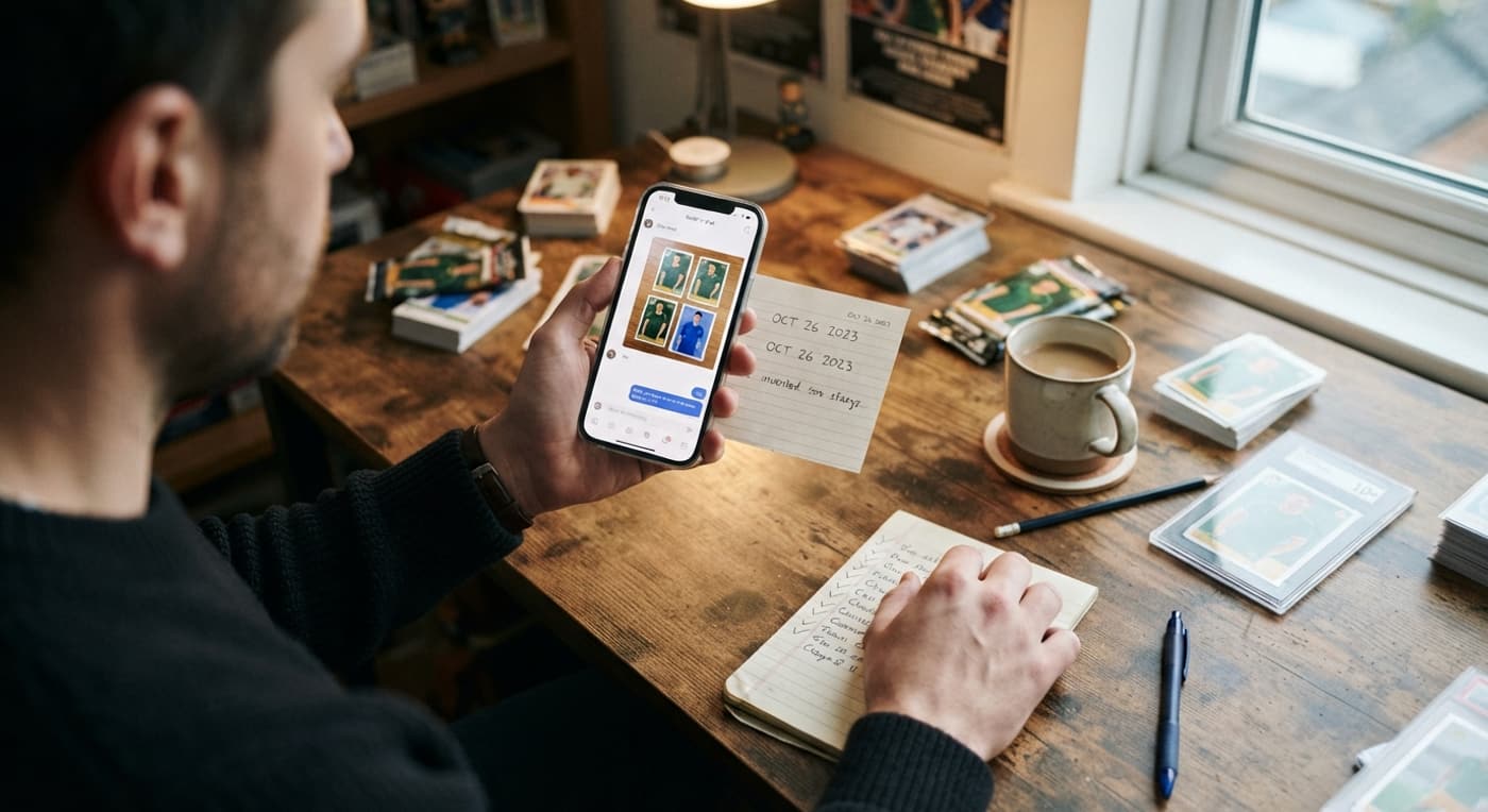 Pessoa conferindo no celular a foto de figurinhas enviada por um vendedor, com lista de verificação ao lado.