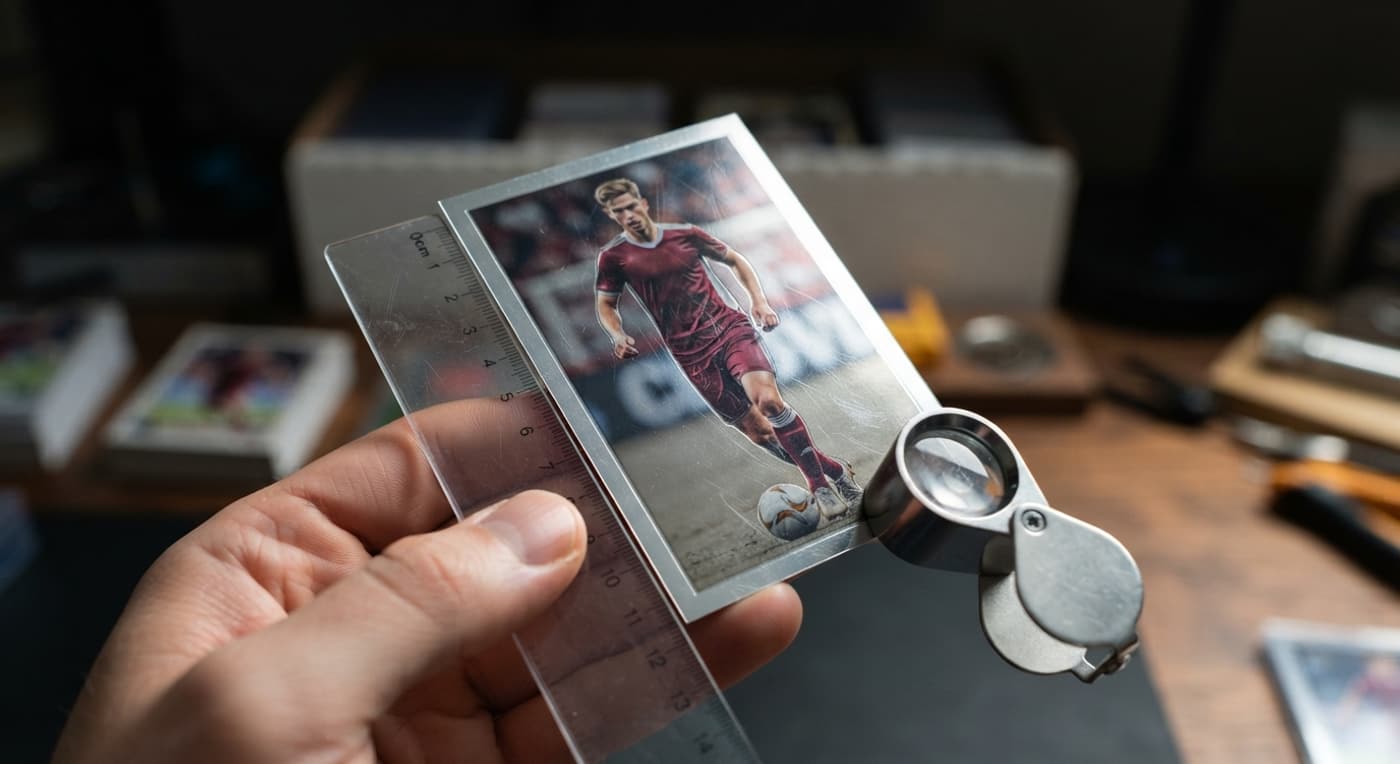 Eine Hand kippt eine Fußballkarte im Lampenlicht, um Kratzer und Fingerabdrücke auf der Oberfläche zu prüfen.