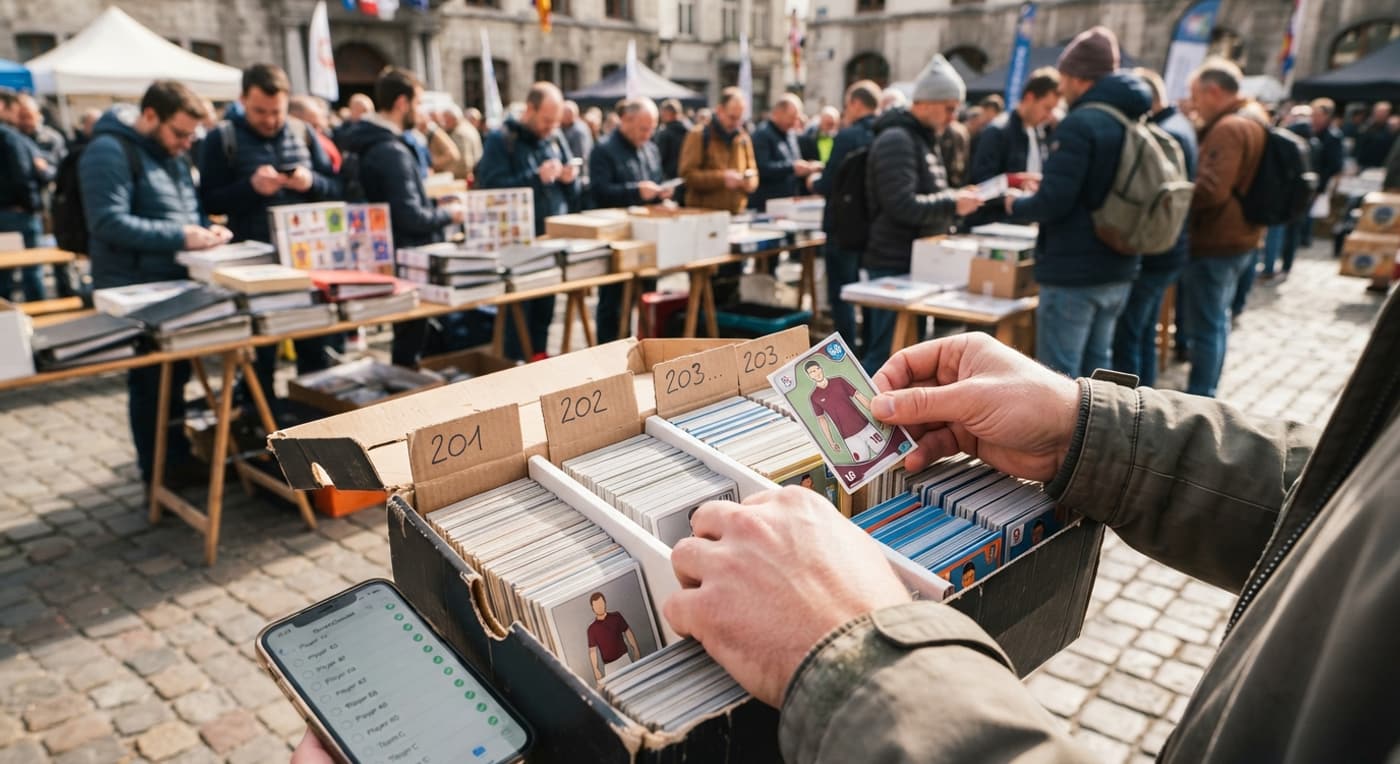 Búsqueda de cromos sueltos en cajas clasificadas en un mercadillo dominical de intercambio.