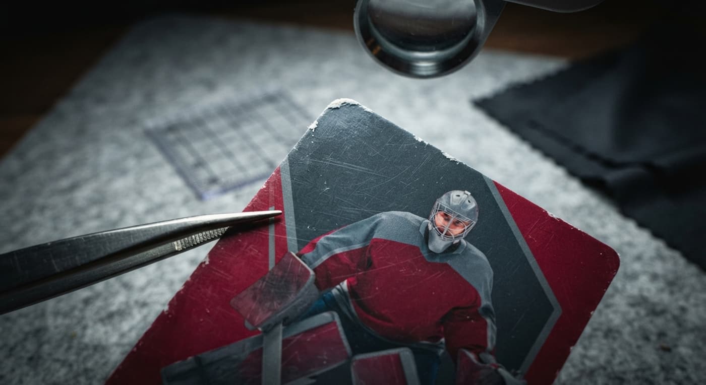 Gros plan sur le coin usé d'une carte de hockey examiné à la loupe sous une lumière rasante.