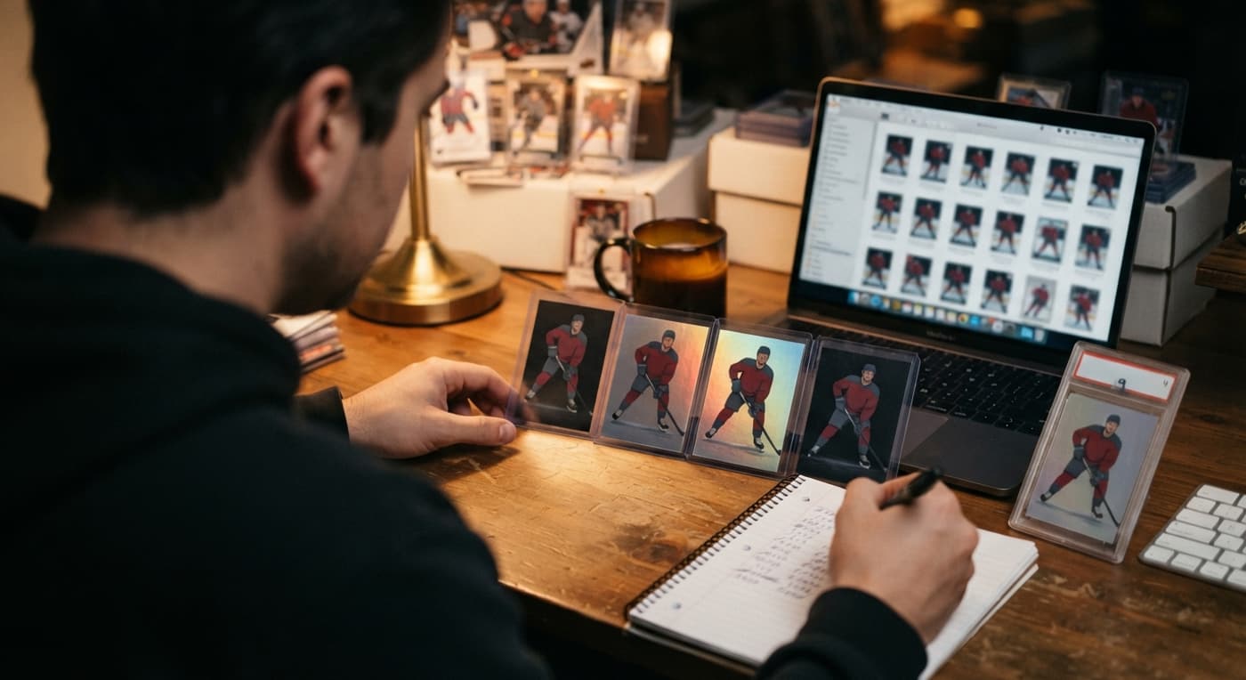 Une personne compare trois cartes de hockey identiques à côté d'un ordinateur portable et d'un bloc-notes.