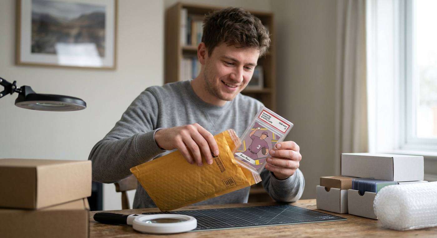A UK collector at home opening a padded envelope from America and pulling out a slabbed card