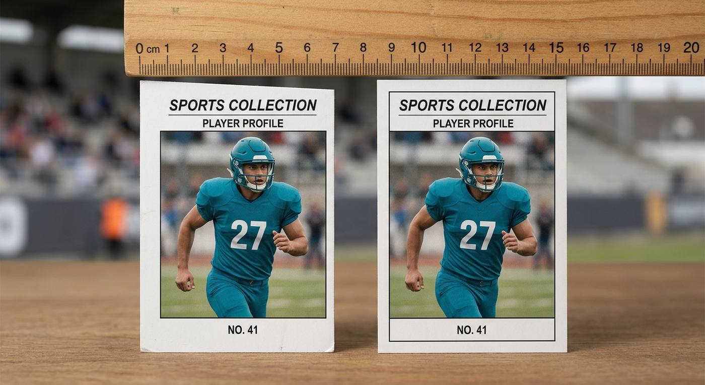 Two cards side by side, one with clearly lopsided borders and one with balanced borders, with a ruler across t