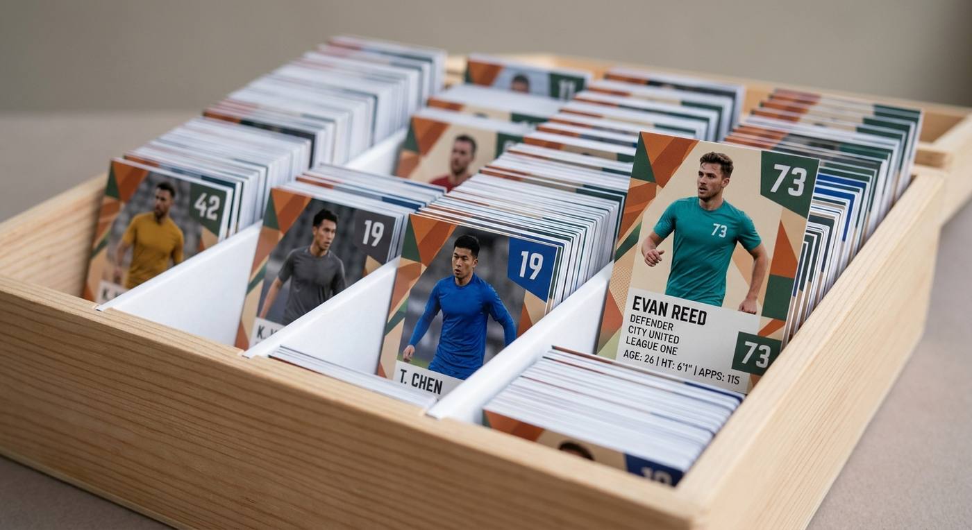 a shallow storage box of trading cards standing on end, dividers between them, lid off