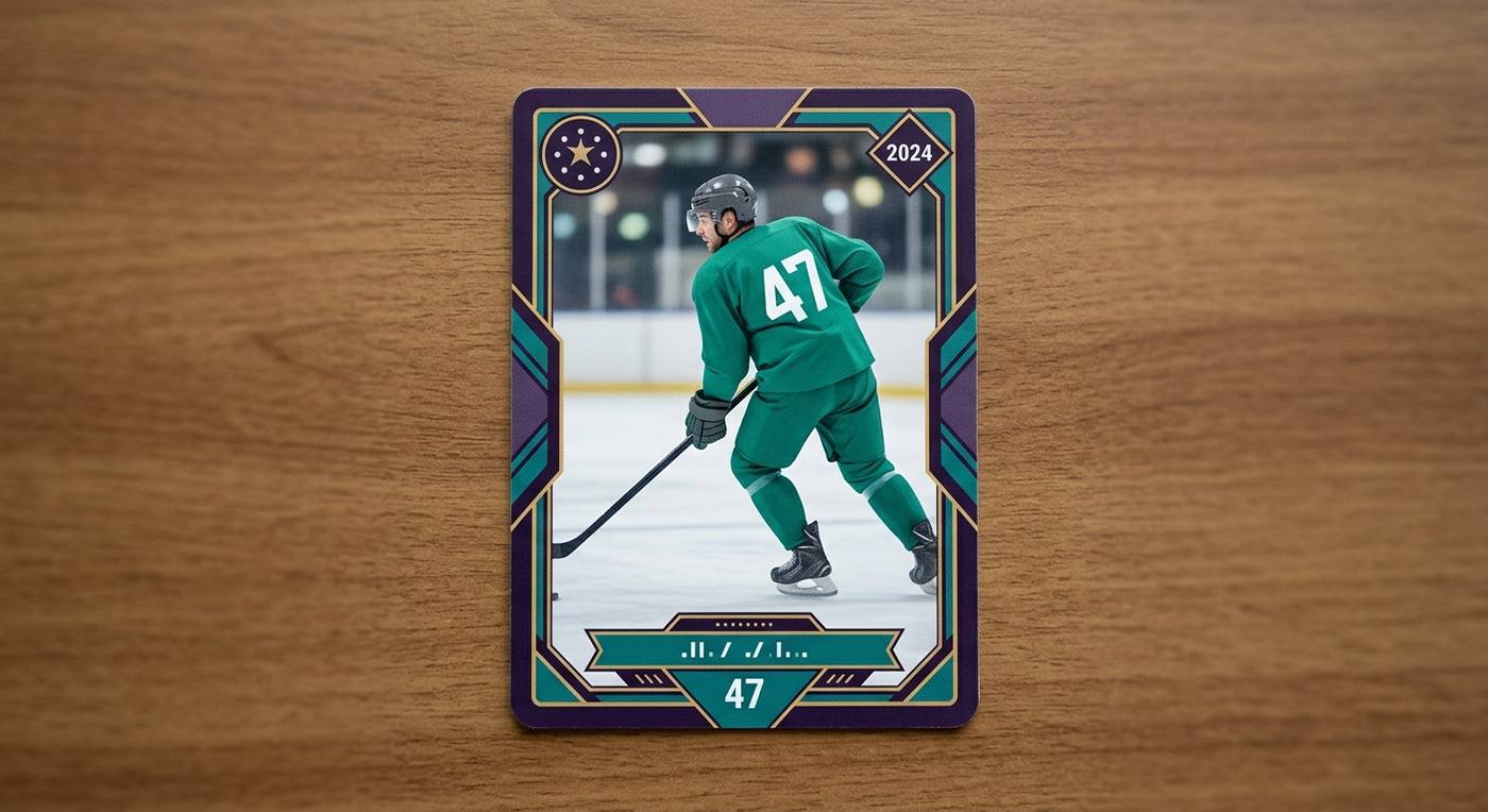 a single trading card lying face up on a plain desk under even light, shot straight down