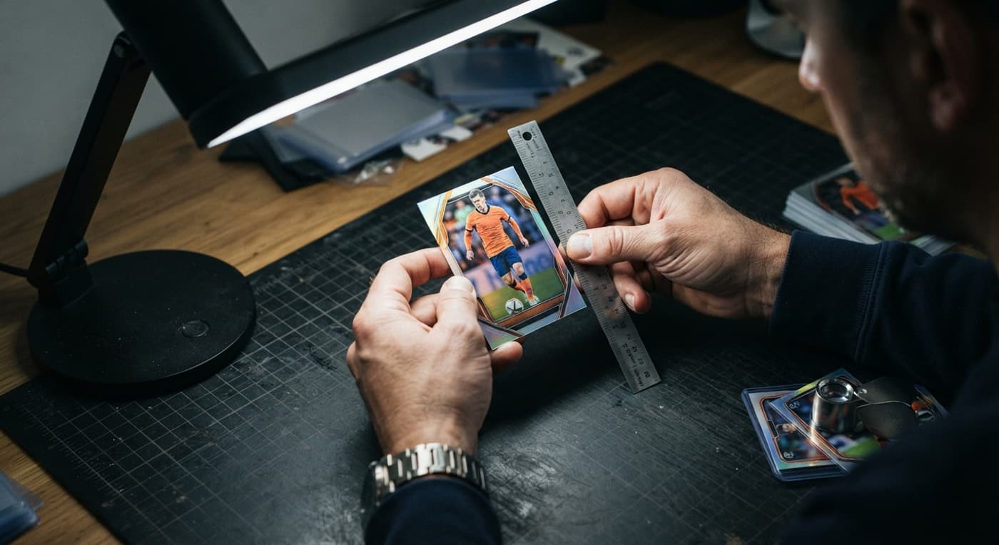 Hands tilt a football card under a bright lamp while a loupe and a few other cards wait nearby.