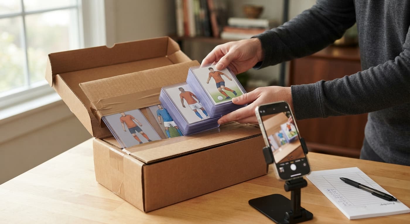 Hands pack a stack of card holders between stiff boards in a box, with a phone photographing the cards nearby.