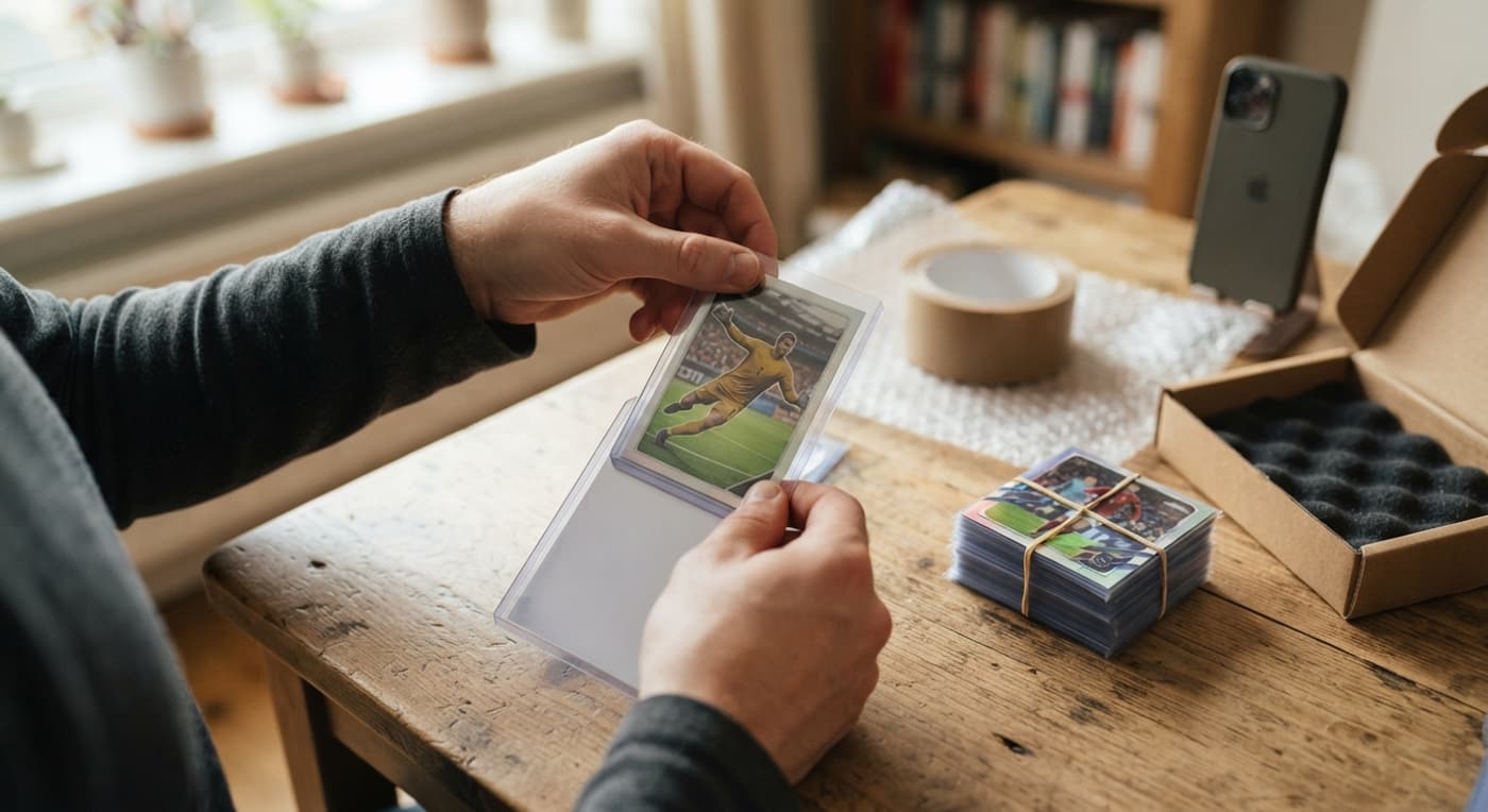 Hands slide a sleeved soccer card into a semi-rigid holder beside bubble wrap, a box and a phone.