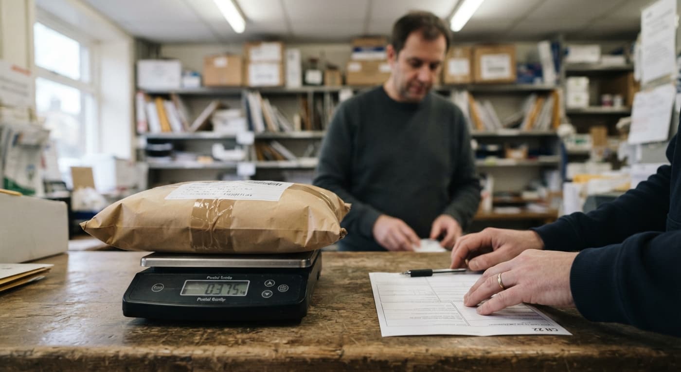 A sealed parcel on a scale at a post office counter with a customs form being filled in beside it.