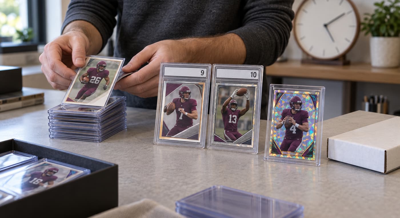 A collector sorts football cards in clear holders beside a plain mailer and a clock.
