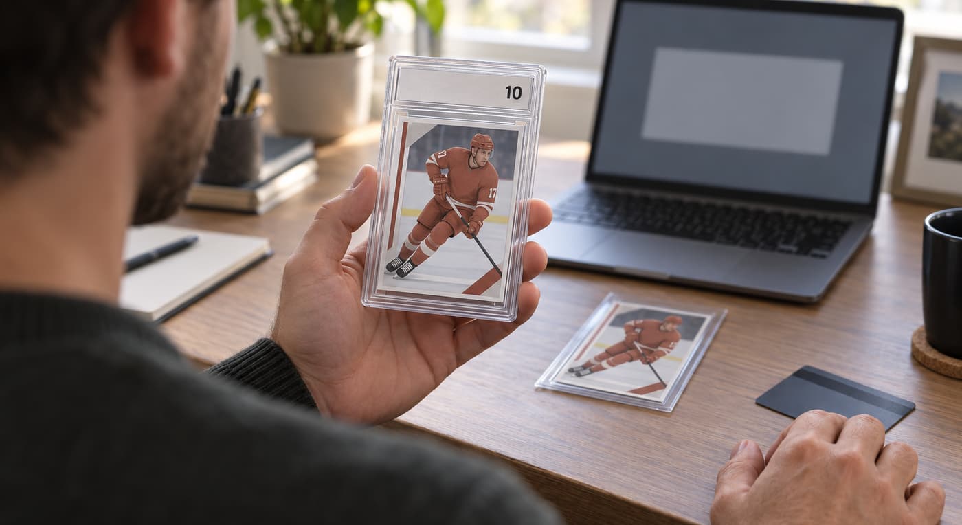 A collector holds a hockey card graded 10 beside a laptop and an ungraded copy.