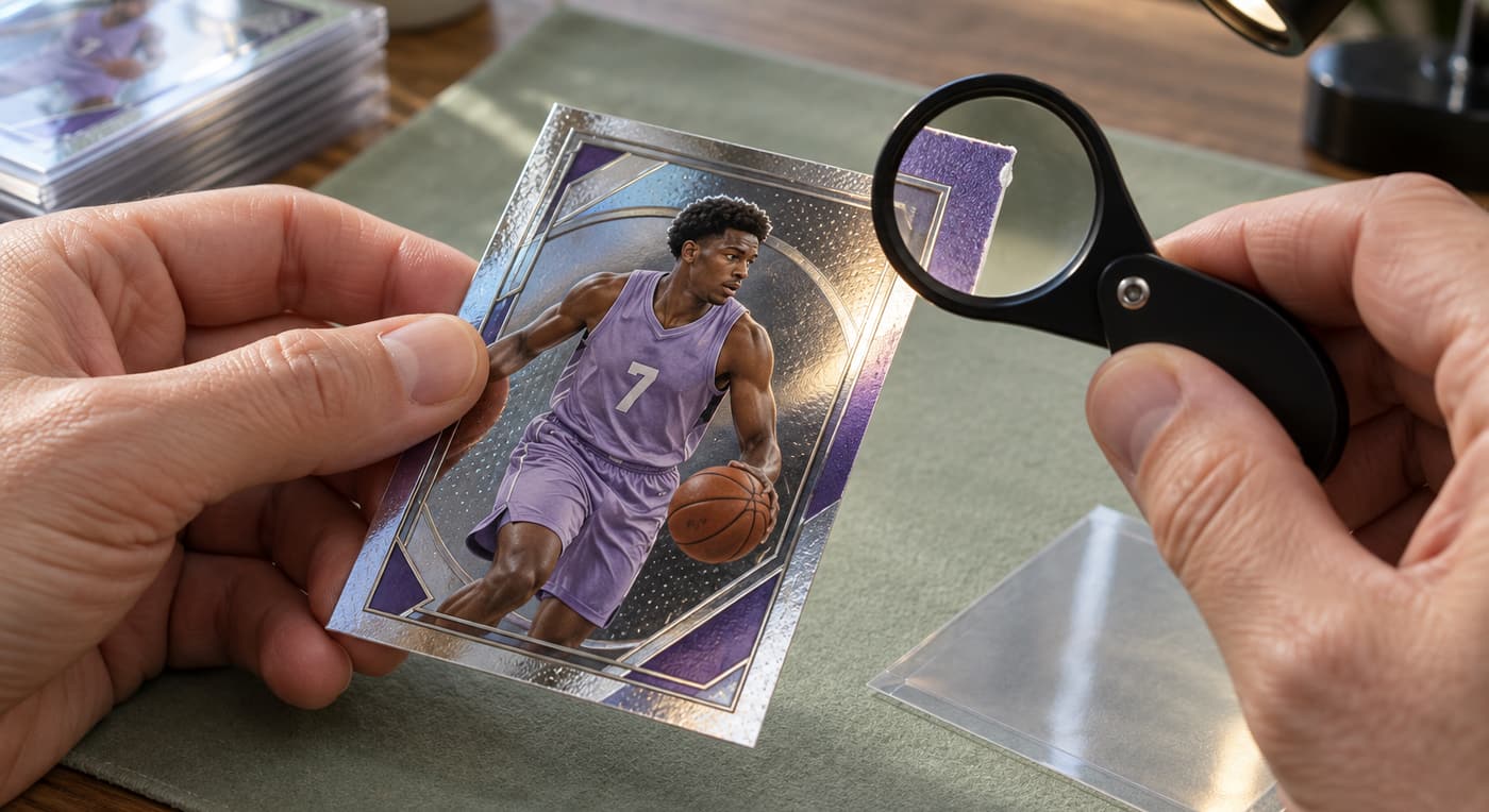 A collector examines a basketball card's worn corner with a magnifier under an inspection lamp.