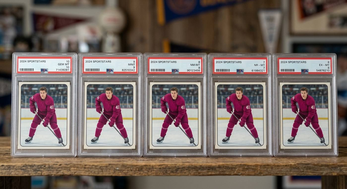 a row of PSA slabs side by side, showing a 10 down to a 6, so readers can see the difference at a glance