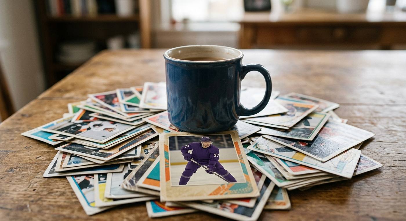 a mug sitting on top of a pile of raw cards, making clear this is not a graded-card household