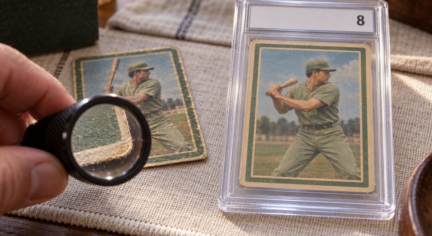 A loupe reveals a raw baseball card's worn corner beside a baseball card in a graded holder.