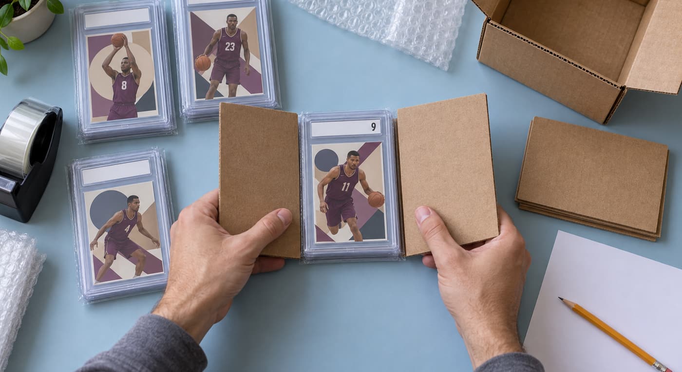 Hands position cardboard protectors around a basketball card holder beside packing supplies.