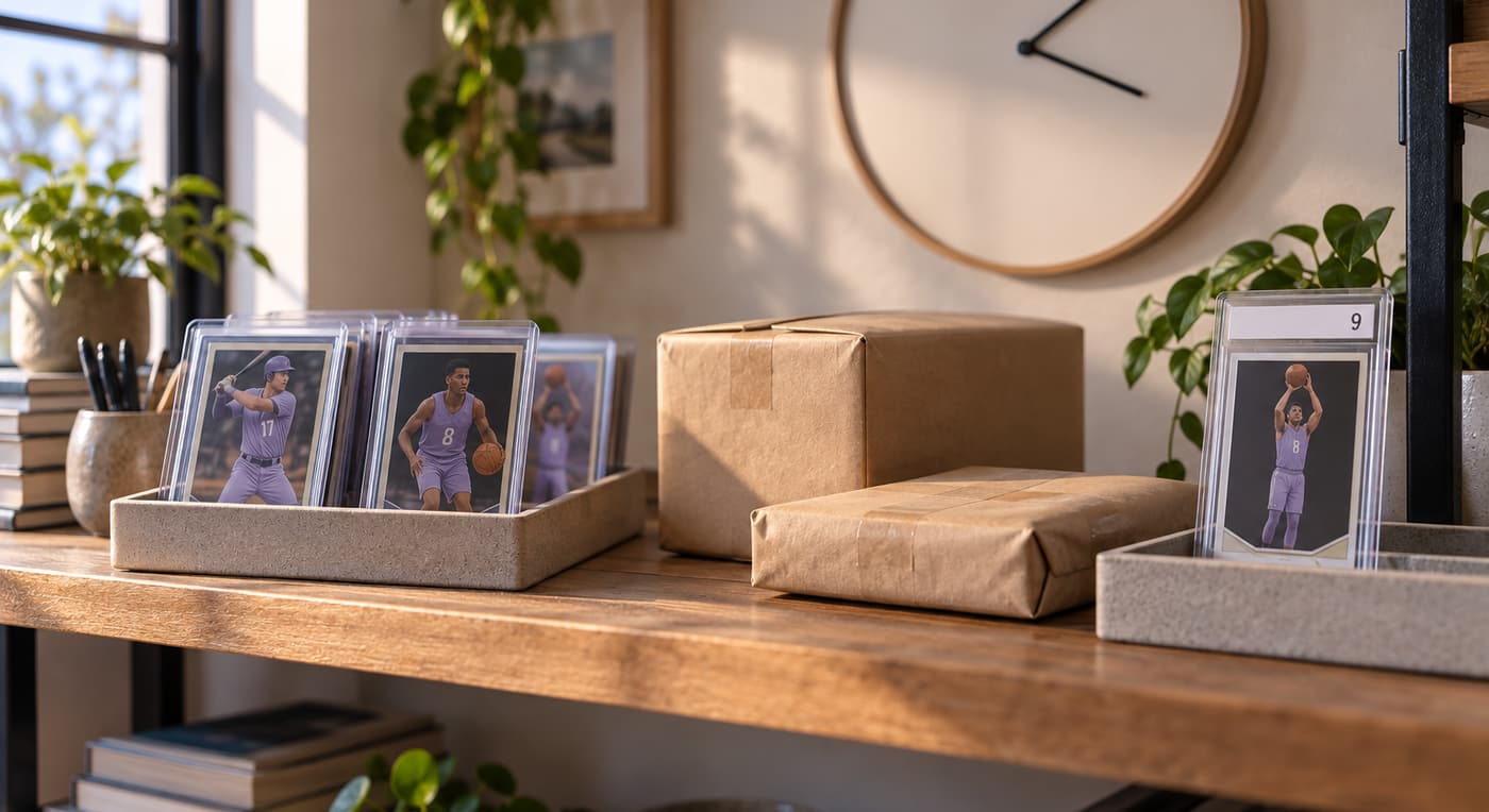 Sports cards in clear holders wait beside sealed parcels beneath a plain wall clock.