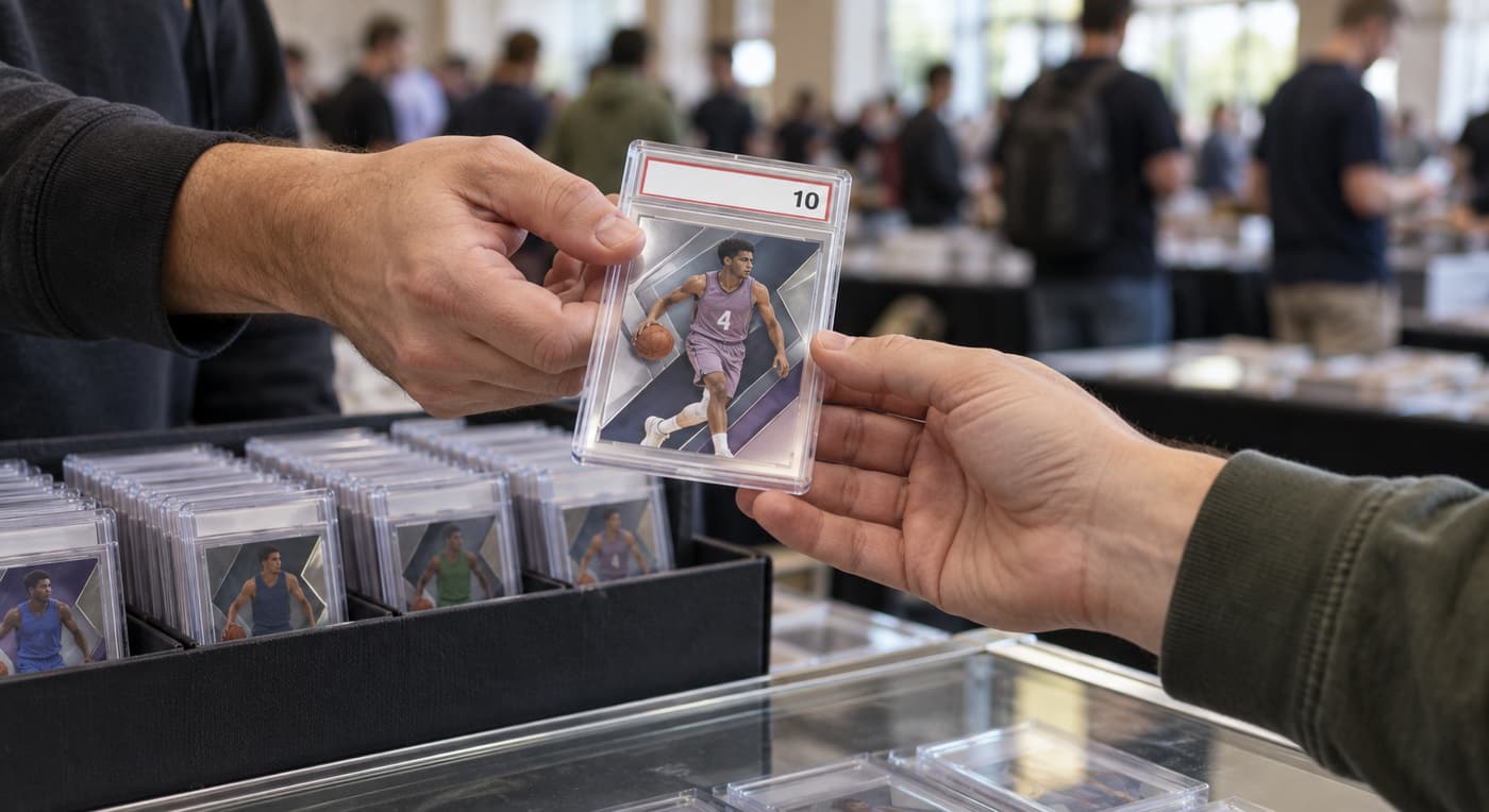 Two collectors exchange a graded basketball card above a case of slabs at a card show.