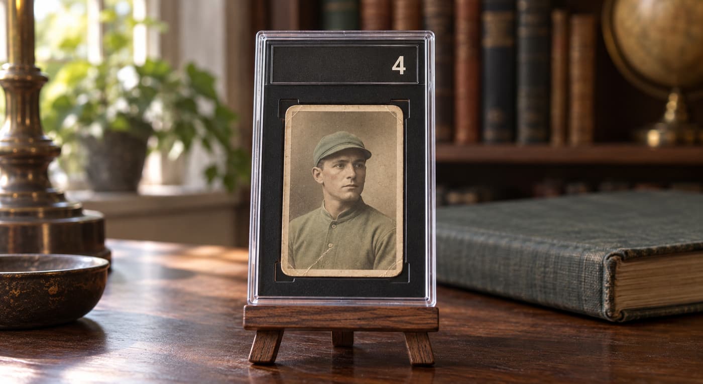 An aged baseball card sits in a black-insert grading holder on a small wooden easel.