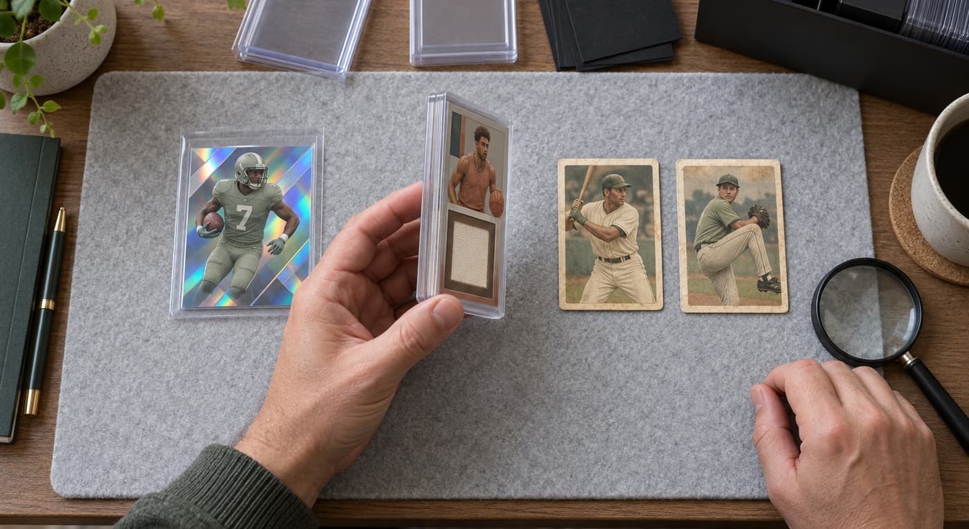 A collector compares a thick jersey-patch card with a glossy football card and two vintage baseball cards.