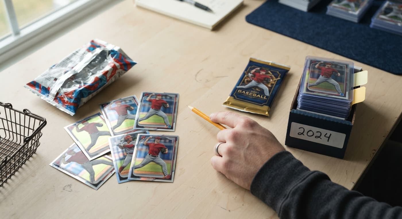 お菓子の袋入りカードと専門パック入りカードを並べて違いを比べている俯瞰写真。