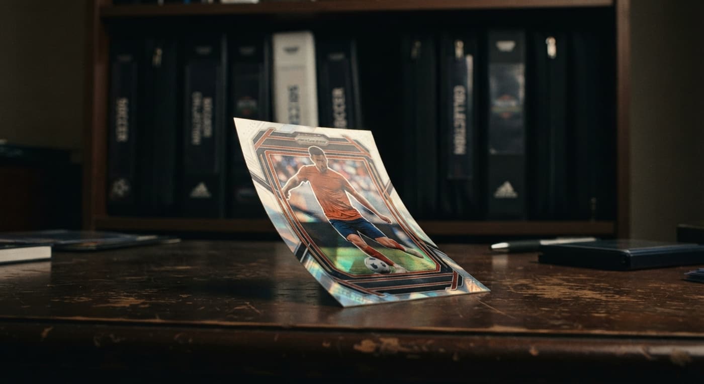 Raccoglitori sportivi disposti in verticale sulla libreria accanto a una carta incurvata dall'umidità.