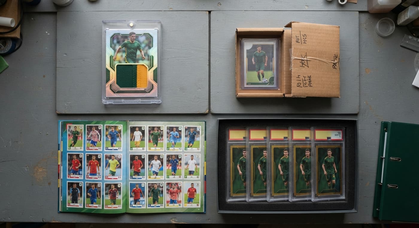 Dall'alto, diverse soluzioni per conservare carte di calcio: toploader, scatola, album, scatola per slab e raccoglitore